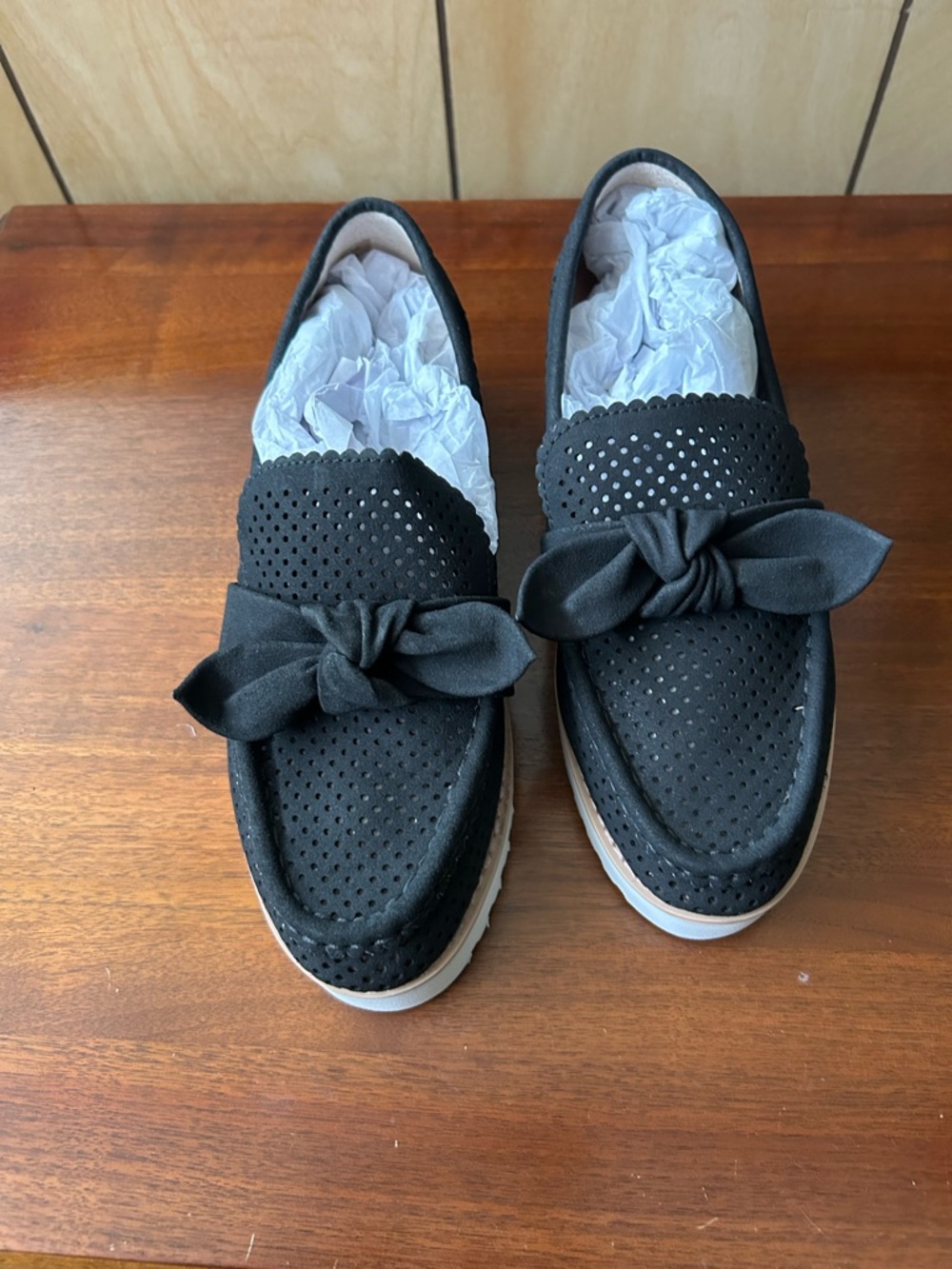 Perforated Black Bow Loafers for Women